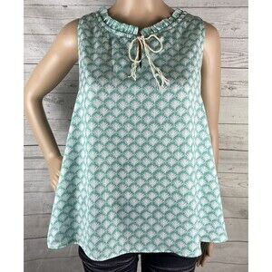 LC Lauren Conrad Trapeze Tank Top Small Teal White Palm Tree Print Ruffled Neck